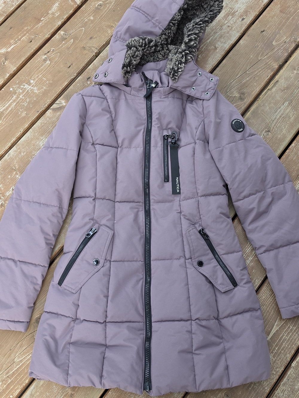 Nautica Dusty Lavender Quilted Hooded Puffer with Faux-Fur Trim